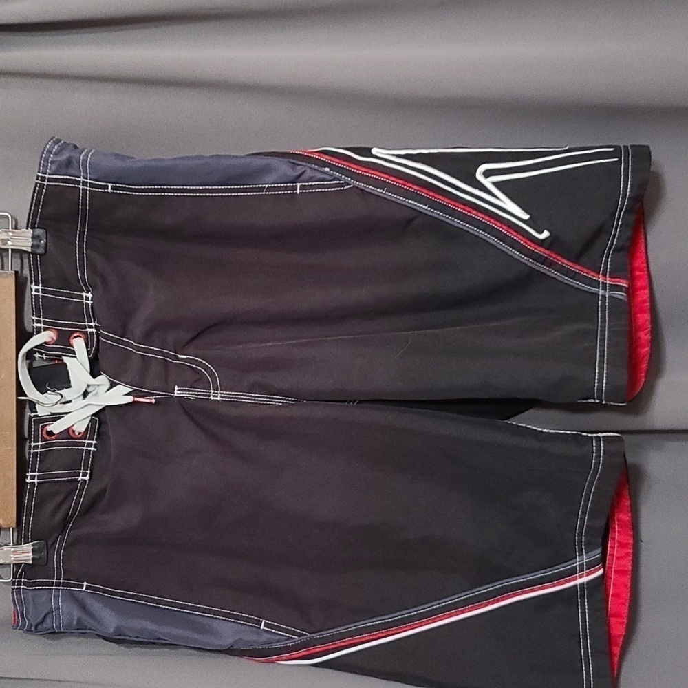 Speedo Mens Swim Trunks Blk/Gray/Red/White Hook&Loop Ties Pockets Size M GUC